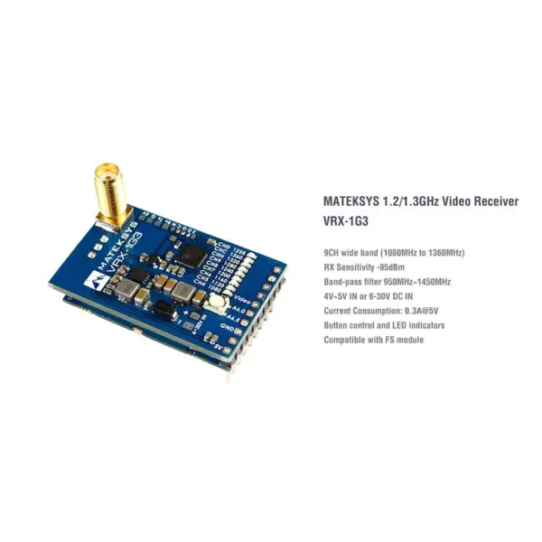 MATEK Systems VRX-1G3 1.2Ghz 1.3Ghz 9CH FPV Video Receiver for RC Drone Goggles Monitor Airplane Long Range